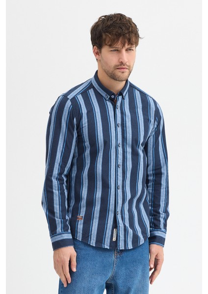 Melanj Çizgili Regular Fit Uzun Kollu Erkek Gömlek Düğmeli Yaka fiyatları