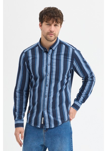 Melanj Çizgili Regular Fit Uzun Kollu Erkek Gömlek Düğmeli Yaka modelleri