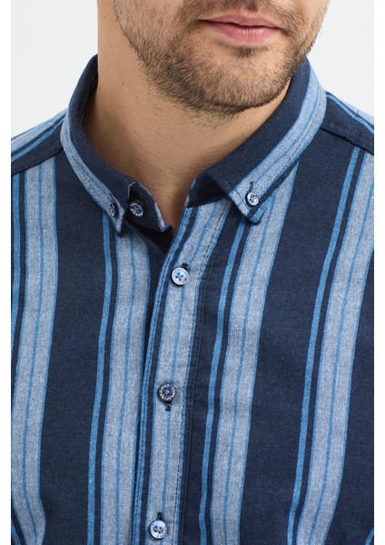 Melanj Çizgili Regular Fit Uzun Kollu Erkek Gömlek Düğmeli Yaka fırsatları