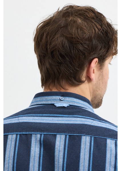 Melanj Çizgili Regular Fit Uzun Kollu Erkek Gömlek Düğmeli Yaka