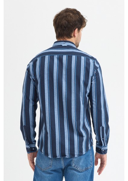 Melanj Çizgili Regular Fit Uzun Kollu Erkek Gömlek Düğmeli Yaka