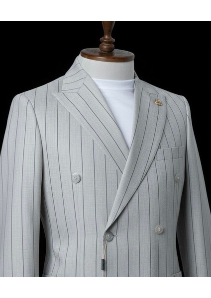 Kırlangıç Yaka,torba Cepli, Kruvaze, Çizgili, Erkektakım Elbise, Slim Fit, Gri