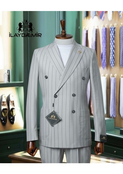 Kırlangıç Yaka,torba Cepli, Kruvaze, Çizgili, Erkektakım Elbise, Slim Fit, Gri fiyatları