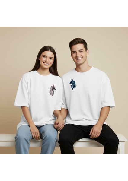 Bozkurt Baskılı Çift Tişört Seti Unisex Oversize Kalıp modelleri