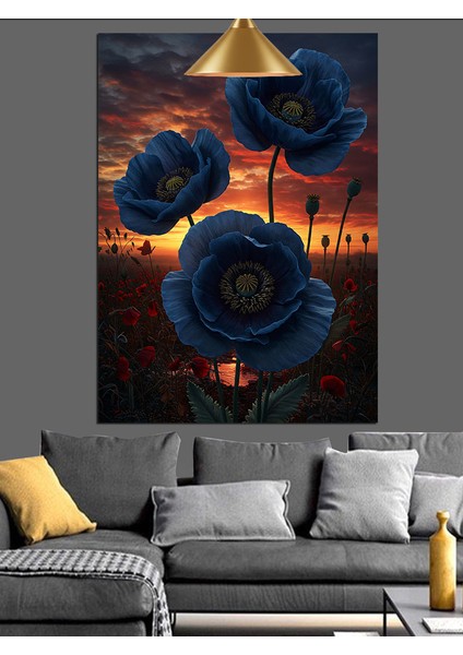 Koyu Mavi Çiçekler Gece Manzarası Dekoratif Kanvas - Mdf Ahşap Tablo