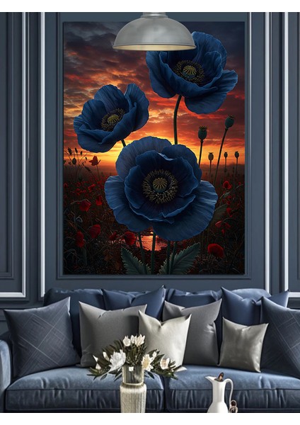 Koyu Mavi Çiçekler Gece Manzarası Dekoratif Kanvas - Mdf Ahşap Tablo fiyatları