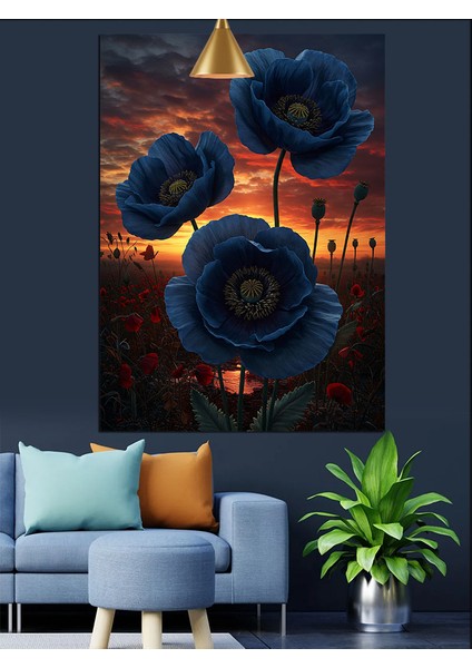 Koyu Mavi Çiçekler Gece Manzarası Dekoratif Kanvas - Mdf Ahşap Tablo fırsatları