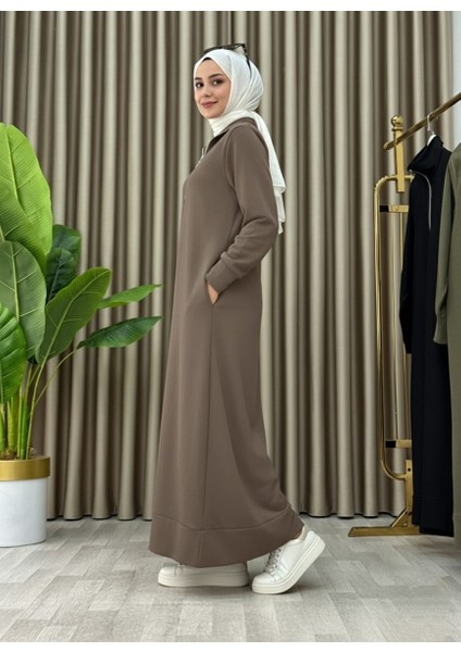 Fermuar Detaylı Cepli Spor Uzun Örme Tesettür Elbise