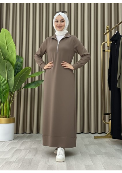 Fermuar Detaylı Cepli Spor Uzun Örme Tesettür Elbise