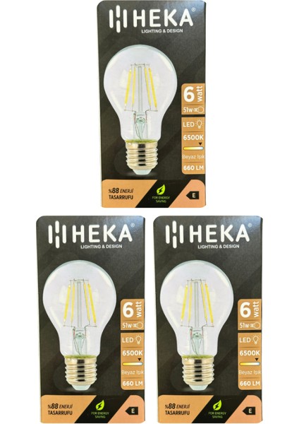 (3 Adet) Heka 6W (51W) 6500K (Beyaz Işık) E27 Duylu (Kalın Duy) LED Şeffaf Ampul