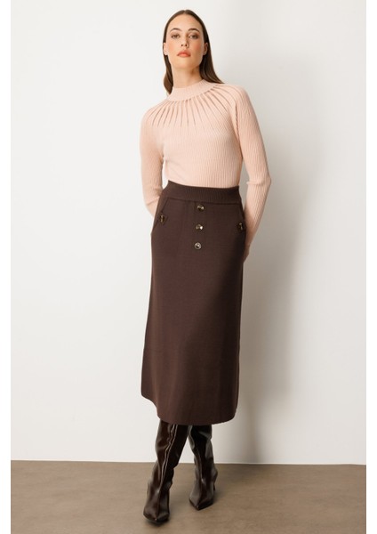 Kadın Düğmeli Triko Etek 65207 Kahverengi