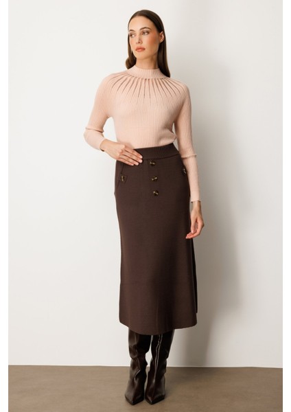 Kadın Düğmeli Triko Etek 65207 Kahverengi fiyatları