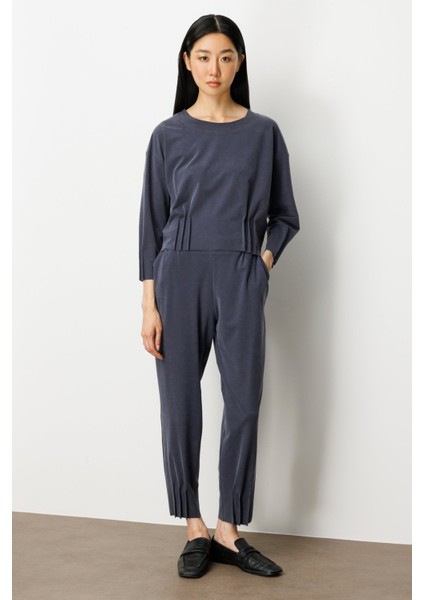 Kadın Beli Lastikli Paçası Dikişli Pantolon 64409 Lacivert