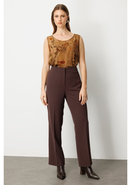 Kadın Büyük Beden Bol Paça Krep Pantolon 1033 Kahverengi