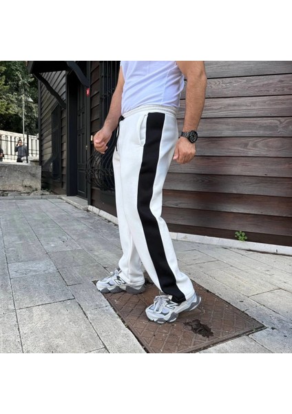 Erkek Üç Iplik Kışlık Pamuklu Yandan Garneli Kalın Şeritli Cepli Eşofman Altı - Beyaz fiyatları