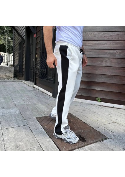 Erkek Üç Iplik Kışlık Pamuklu Yandan Garneli Kalın Şeritli Cepli Eşofman Altı - Beyaz modelleri