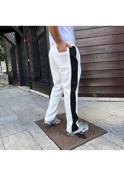 Erkek Üç Iplik Kışlık Pamuklu Yandan Garneli Kalın Şeritli Cepli Eşofman Altı - Beyaz fırsatları