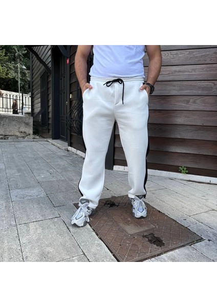 Erkek Üç Iplik Kışlık Pamuklu Yandan Garneli Kalın Şeritli Cepli Eşofman Altı - Beyaz indirimleri