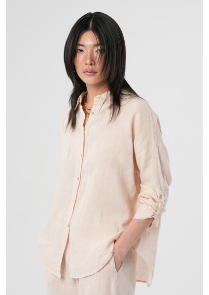 Kadın %100 Keten Kolları Düğme Detaylı Gömlek