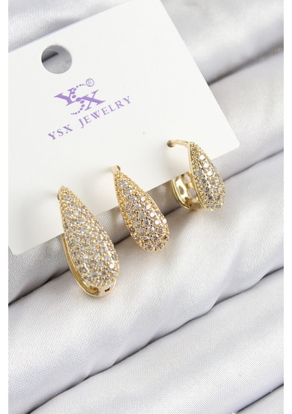 Pirinç Zirkon Taşlı 3'lü Damla Model Gold Renk Kadın Küpe