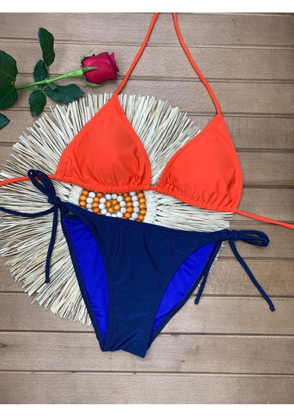 Kadın Likralı Yandan Boyundan Bağlamalı Şık Ipli Üçgen Bikini Takım