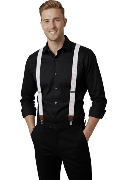 Unisex Beyaz Derili Esneyebilen Lastik Ayarlanabilir Metal Klipsli Pantolon Askısı 2602025