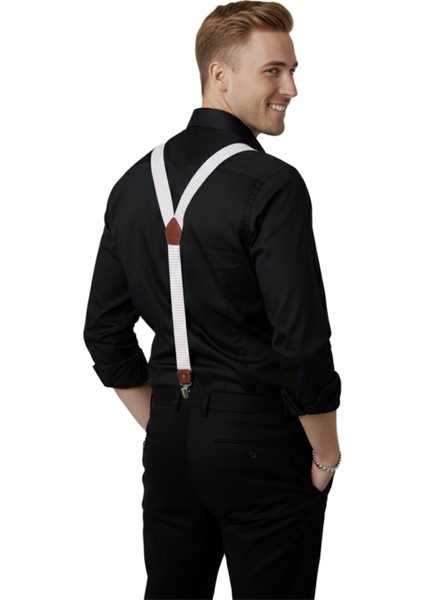 Unisex Beyaz Derili Esneyebilen Lastik Ayarlanabilir Metal Klipsli Pantolon Askısı 2602025 fiyatları