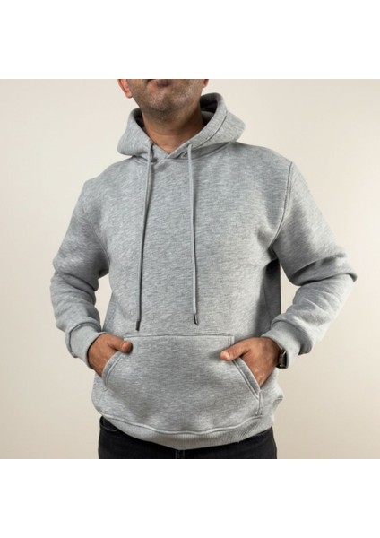 Erkek Oversize Kapüşonlu Pamuklu Sweatshirt, 3 Iplik Içi Polarlı Şardonlu Kalın Kışlık Sweat