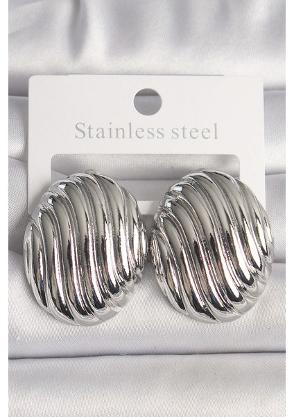 Pirinç Gümüş Renk Işlemeli Oval Model Kadın Küpe