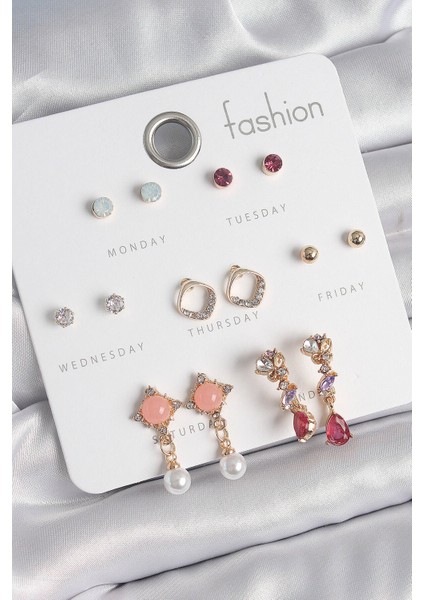 Pirinç Gold Renk Zirkon Taşlı Sallantı Inci Detay 7 Çift Kadın Küpe