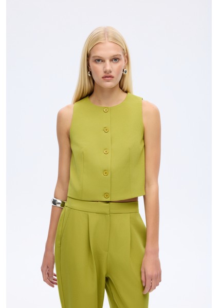 Düğme Detaylı Yelek Ceket Olive