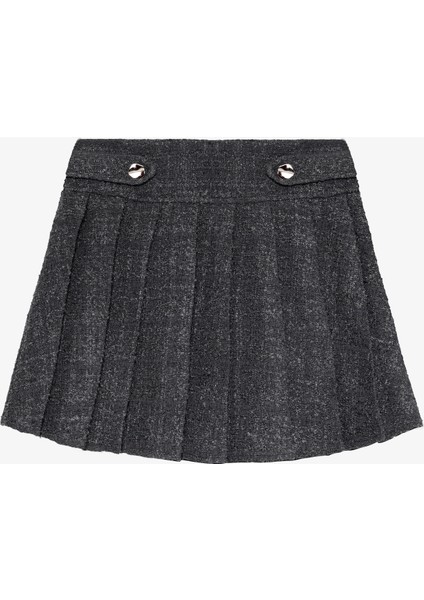 Düğme Detaylı Pileli Tüvit Mini Etek Antrasit