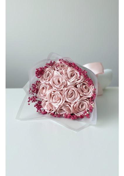 11'li Pudra Pembe Cipsolu Solmayan Saten Gül Buketi, Kurdele Gül, Arkadaşa, Anneye Hediye