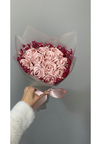 11'li Pudra Pembe Cipsolu Solmayan Saten Gül Buketi, Kurdele Gül, Arkadaşa, Anneye Hediye modelleri