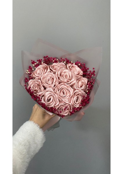 11'li Pudra Pembe Cipsolu Solmayan Saten Gül Buketi, Kurdele Gül, Arkadaşa, Anneye Hediye fırsatları