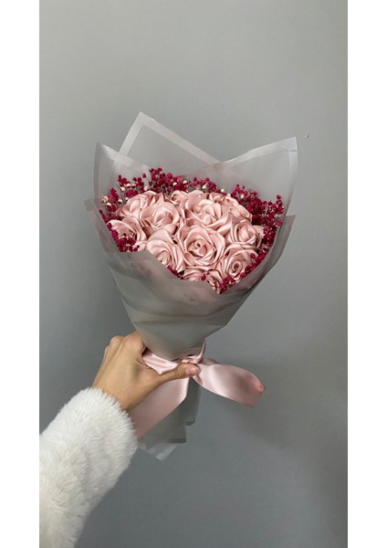 11'li Pudra Pembe Cipsolu Solmayan Saten Gül Buketi, Kurdele Gül, Arkadaşa, Anneye Hediye indirimleri