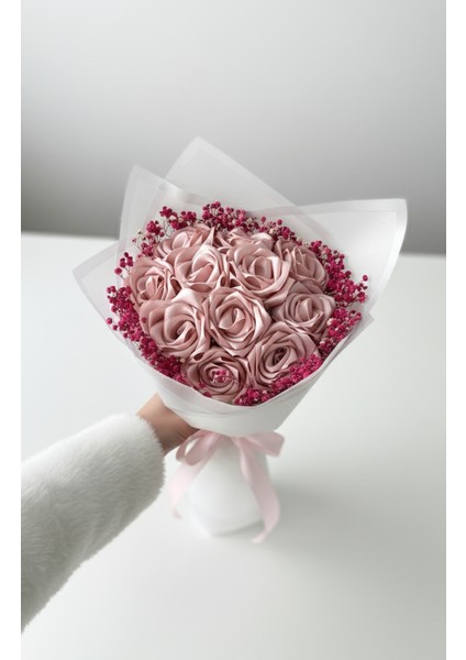 11'li Pudra Pembe Cipsolu Solmayan Saten Gül Buketi, Kurdele Gül, Arkadaşa, Anneye Hediye