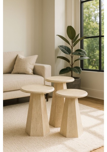 3’lü Mdf Traverten Prizma Zigon Sehpa Seti