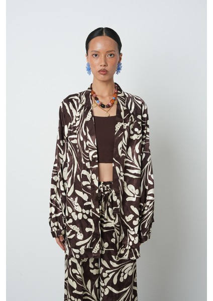 Kadın Kahverengi - Krem Renk Desenli Oversize Tesettür Kimono