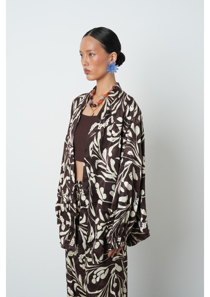 Kadın Kahverengi - Krem Renk Desenli Oversize Tesettür Kimono fiyatları