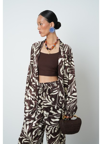Kadın Kahverengi - Krem Renk Desenli Oversize Tesettür Kimono modelleri