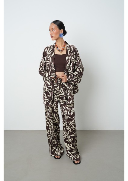 Kadın Kahverengi - Krem Renk Desenli Oversize Tesettür Kimono fırsatları