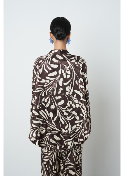 Kadın Kahverengi - Krem Renk Desenli Oversize Tesettür Kimono indirimleri