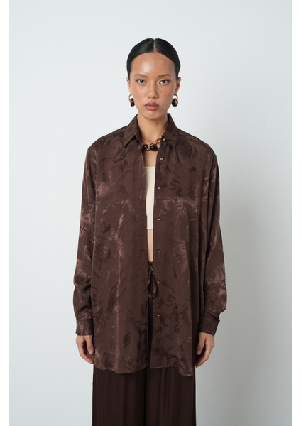 Kadın Kahverengi Karışık Desenli Oversize Tesettür Gömlek