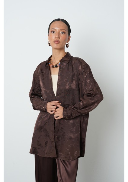 Kadın Kahverengi Karışık Desenli Oversize Tesettür Gömlek modelleri