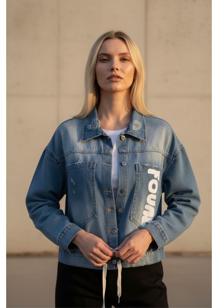 Kadın Mavi Baskılı Düğmeli Uzun Kollu Jean Oversize Kot-Denim Ceket - Yeni Sezon Kadın Ceket