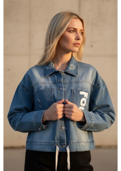 Kadın Mavi Baskılı Düğmeli Uzun Kollu Jean Oversize Kot-Denim Ceket - Yeni Sezon Kadın Ceket fiyatları