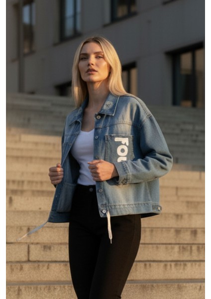 Kadın Mavi Baskılı Düğmeli Uzun Kollu Jean Oversize Kot-Denim Ceket - Yeni Sezon Kadın Ceket modelleri