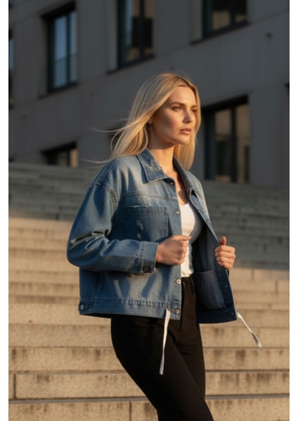 Kadın Mavi Baskılı Düğmeli Uzun Kollu Jean Oversize Kot-Denim Ceket - Yeni Sezon Kadın Ceket fırsatları