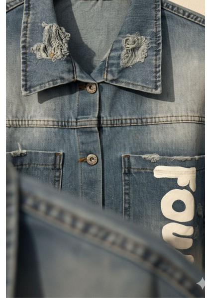 Kadın Mavi Baskılı Düğmeli Uzun Kollu Jean Oversize Kot-Denim Ceket - Yeni Sezon Kadın Ceket indirimleri